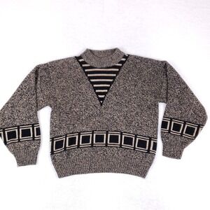 Vintage‎ 90s Marquis Sweater M Mock Neck Geometric Knit Pullover Black Tan Korea